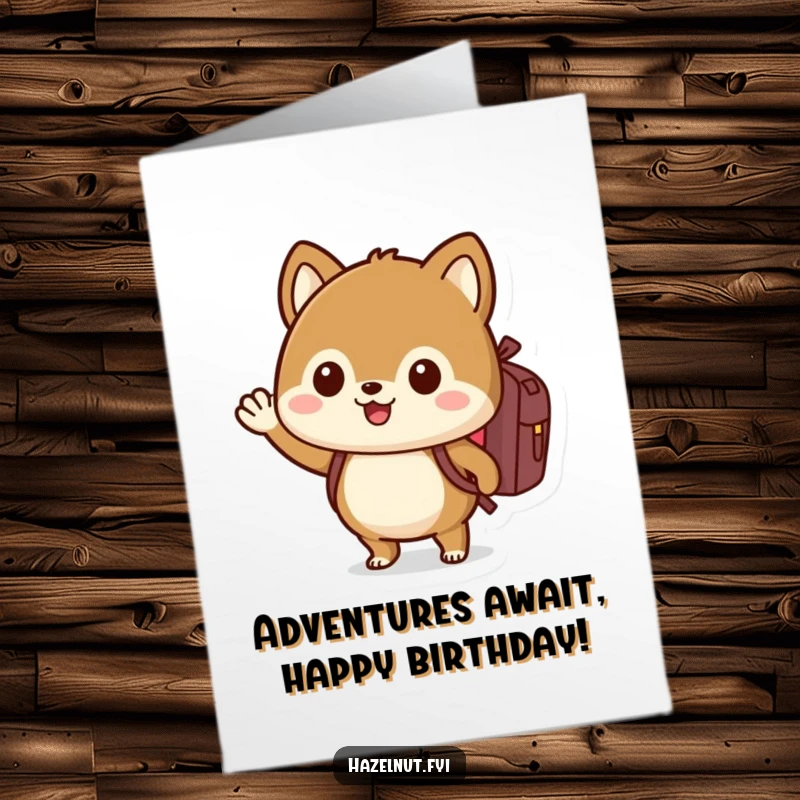 Funny Free Printable Birthday Card: Cute Hazelnut Character with Backpack Enthusiastically Waving Hello