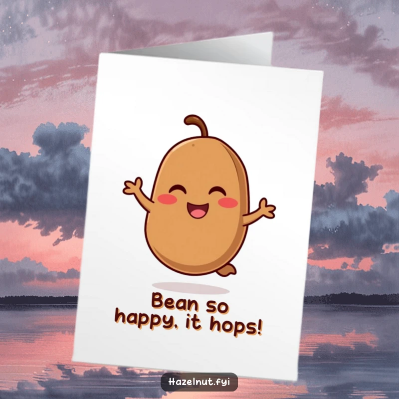 Funny Free Printable Birthday Card: A smiling coffee bean with rosy cheeks happily hopping, bringing joy and laughter.