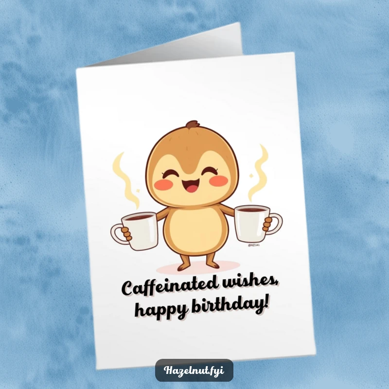 Funny Free Printable Birthday Card: A cheerful hazelnut gleefully juggles three steaming coffee cups, ready to deliver birthday cheer.