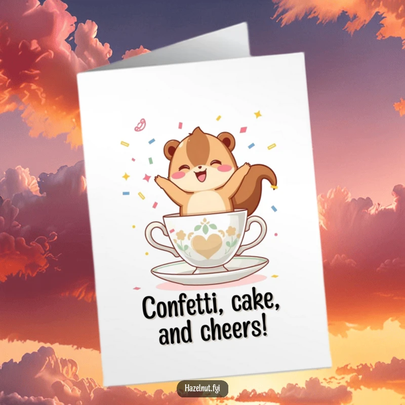 Funny Free Printable Birthday Card: A happy hazelnut joyfully throws confetti while expertly balancing on a tiny teacup.
