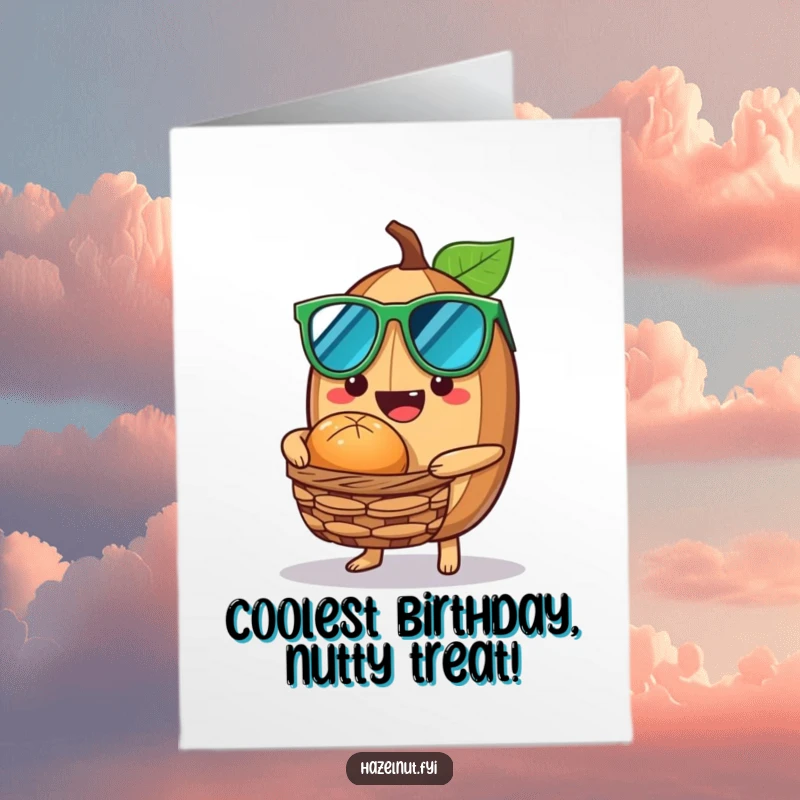 Funny Free Printable Birthday Card: A hazelnut wearing sunglasses, offering a nutty treat from a tiny basket