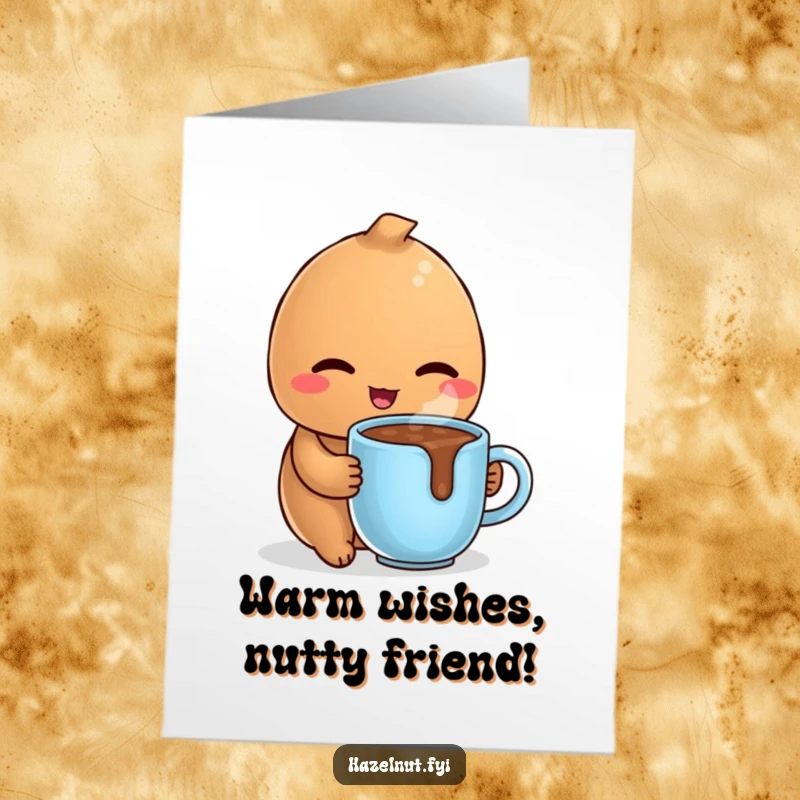 Funny Free Printable Birthday Card: Delighted hazelnut winks slyly while holding a small, steaming mug of hot chocolate.