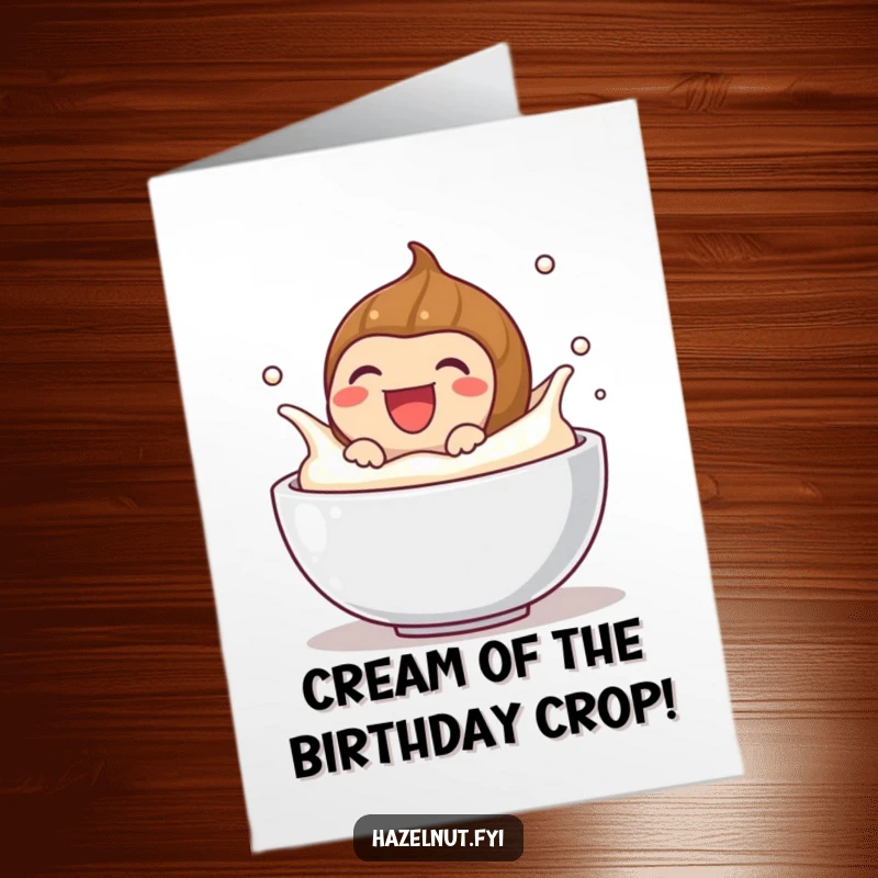 Funny Free Printable Birthday Card: Hazelnut laughing joyfully while splashing playfully in a big bowl of cream.