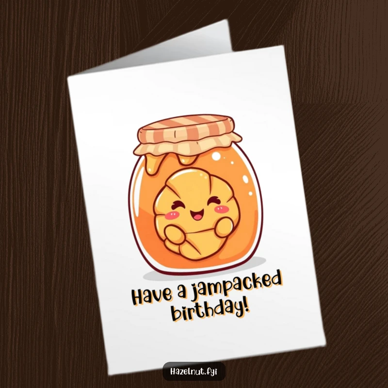 Funny Free Printable Birthday Card with a smiling croissant playfully peeking out of a giant jam jar, a delightful treat for a birthday.