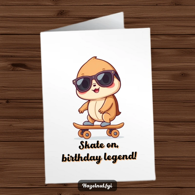 Funny Free Printable Birthday Card: A cool hazelnut in sunglasses rides a tiny skateboard, spreading birthday cheer and laughter.