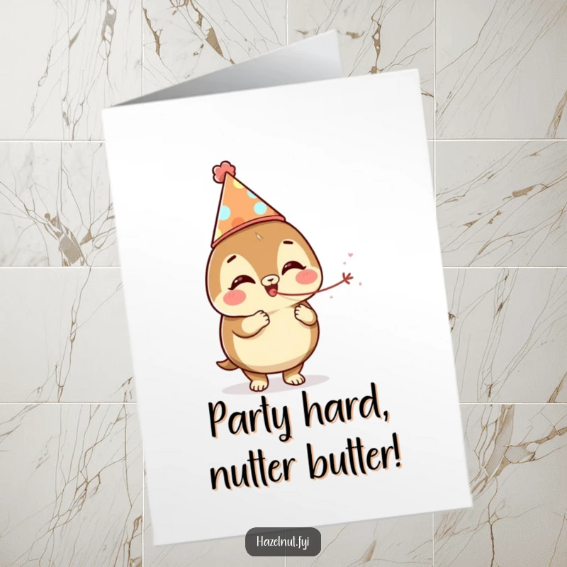 Funny Free Printable Birthday Card: A giggling hazelnut wearing a party hat blows a tiny streamer, embodying pure birthday excitement.