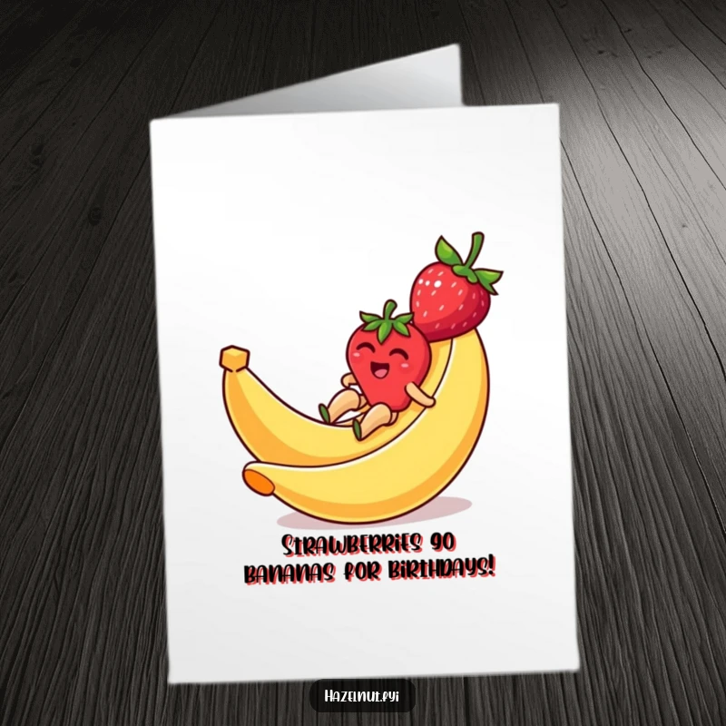 Funny Free Printable Birthday Card: A delighted strawberry giggling as it zips down a slippery banana peel slide, ready for fun.