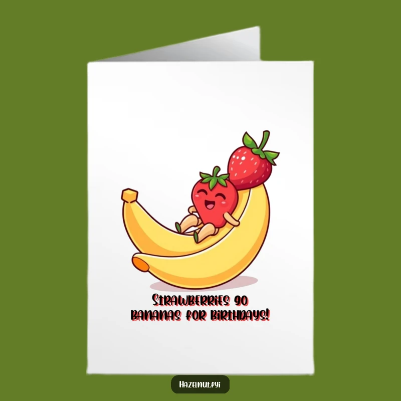 Free Printable Birthday Card: Giggling Strawberry on Banana Slide - Funny Downloadable Gift