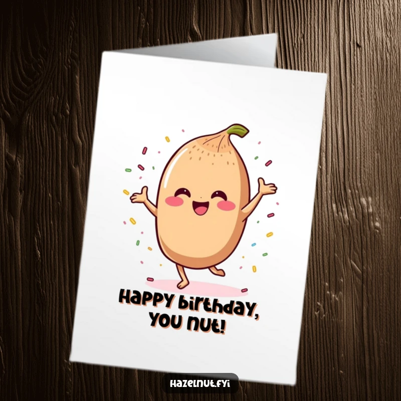 Funny Free Printable Birthday Card: Kawaii hazelnut character joyfully dancing, with colorful sprinkles raining down all around it, beaming with happiness.