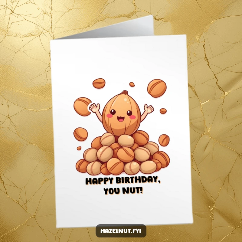 Funny Free Printable Birthday Card: A smiling hazelnut with small arms waving happily from a mound of roasted nuts.