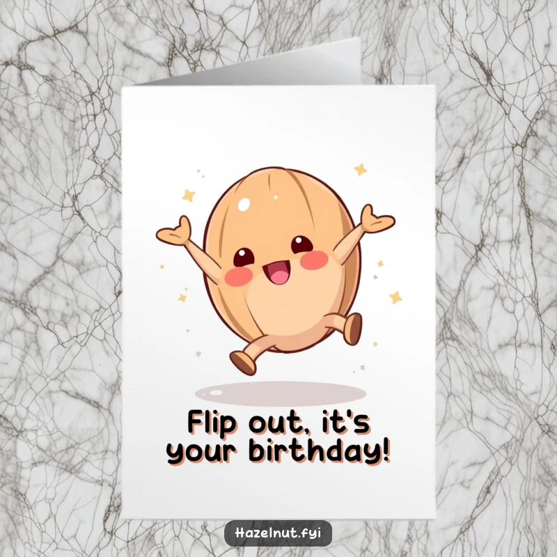 Funny Free Printable Birthday Card: A playful hazelnut executes a cartwheel, leaving a trail of powdered sugar in its energetic wake.