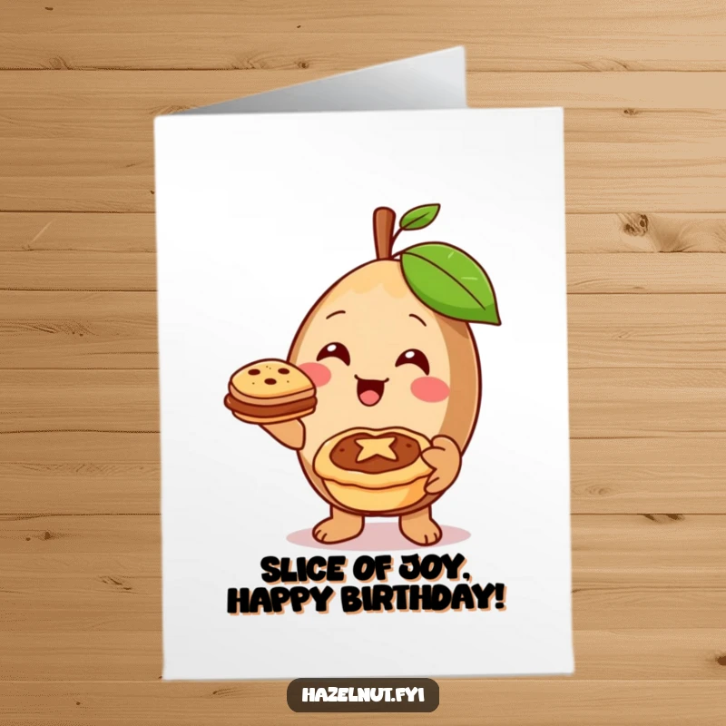 Funny Free Printable Birthday Card: A cheerful hazelnut with a warm smile offers a tiny, delicious-looking pie with kindness.