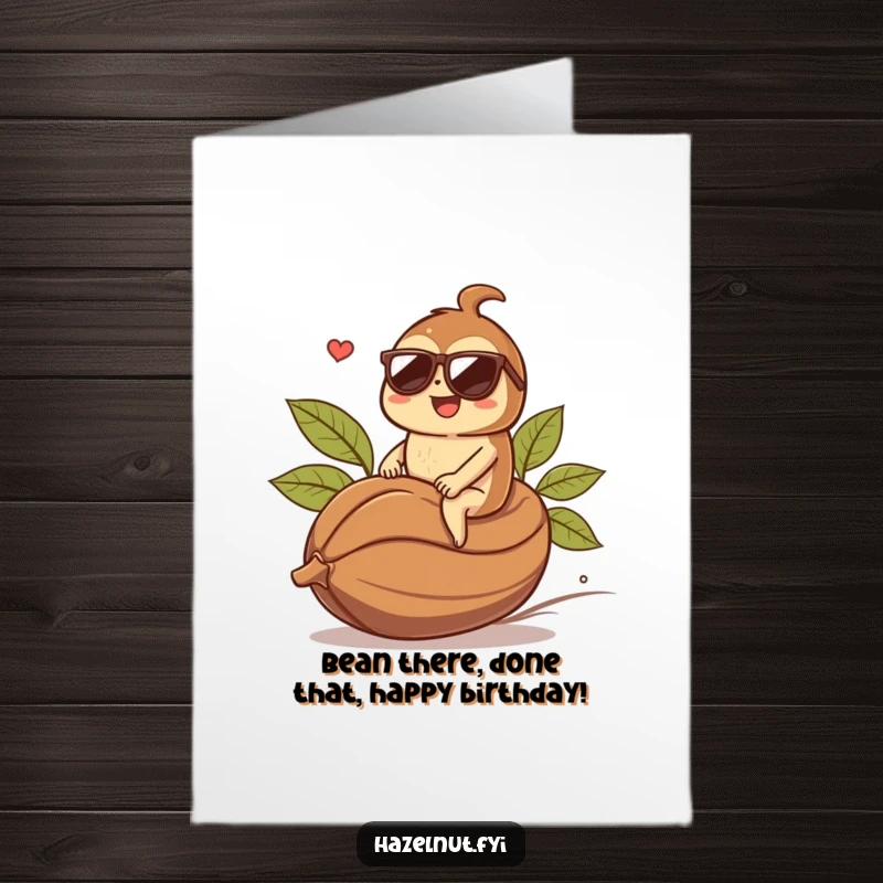 Funny Free Printable Birthday Card: Hazelnut in sunglasses joyfully rides a giant coffee bean, celebrating with cool vibes.