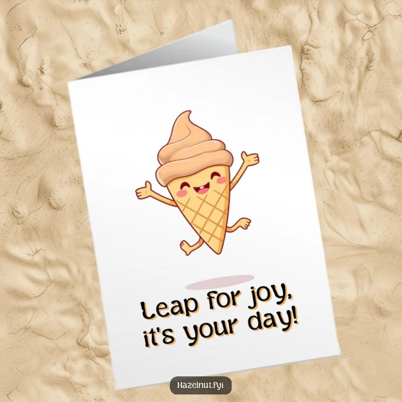 Funny Free Printable Birthday Card: Smiling Hazelnut Ice Cream Cone with Legs Joyfully Leaping High in Celebration