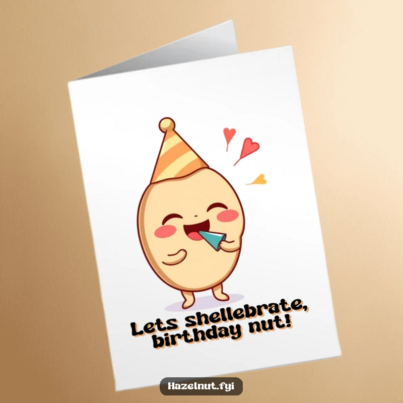Funny Free Printable Birthday Card: A laughing hazelnut in a party hat blows a noisemaker, spreading birthday joy.