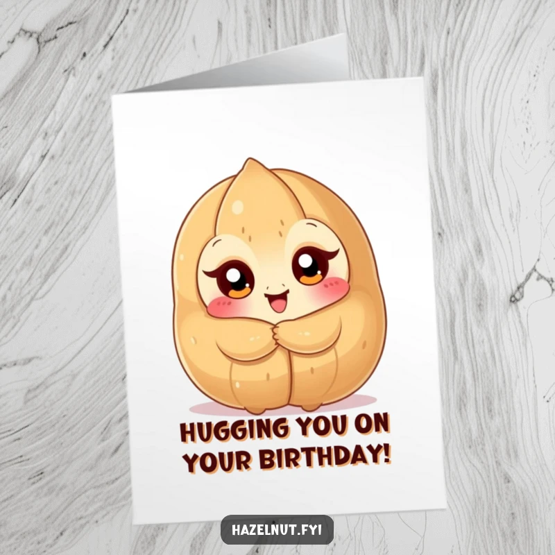 Funny Free Printable Birthday Card: Small nutty character with big eyes joyfully hugging a huge, perfect hazelnut.