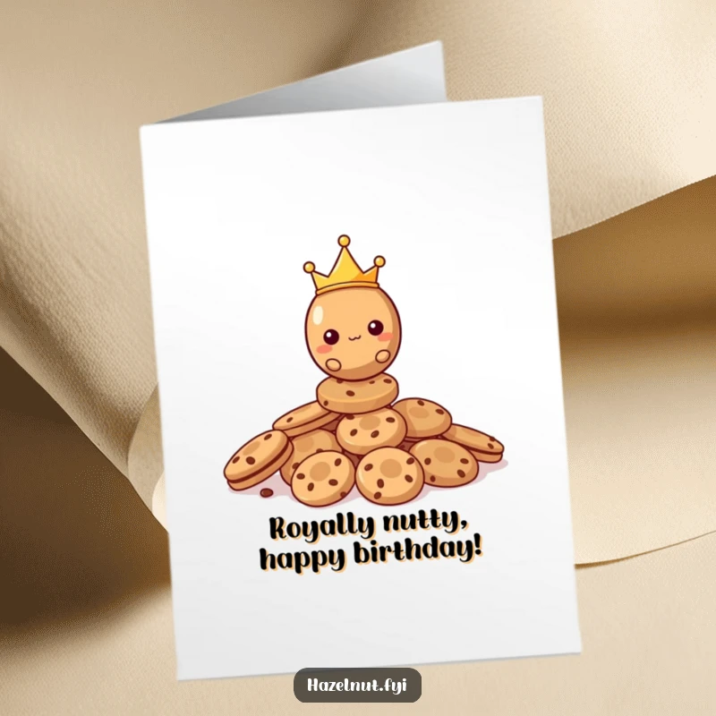 Funny Free Printable Birthday Card: A hazelnut king with a tiny crown balancing on cookies