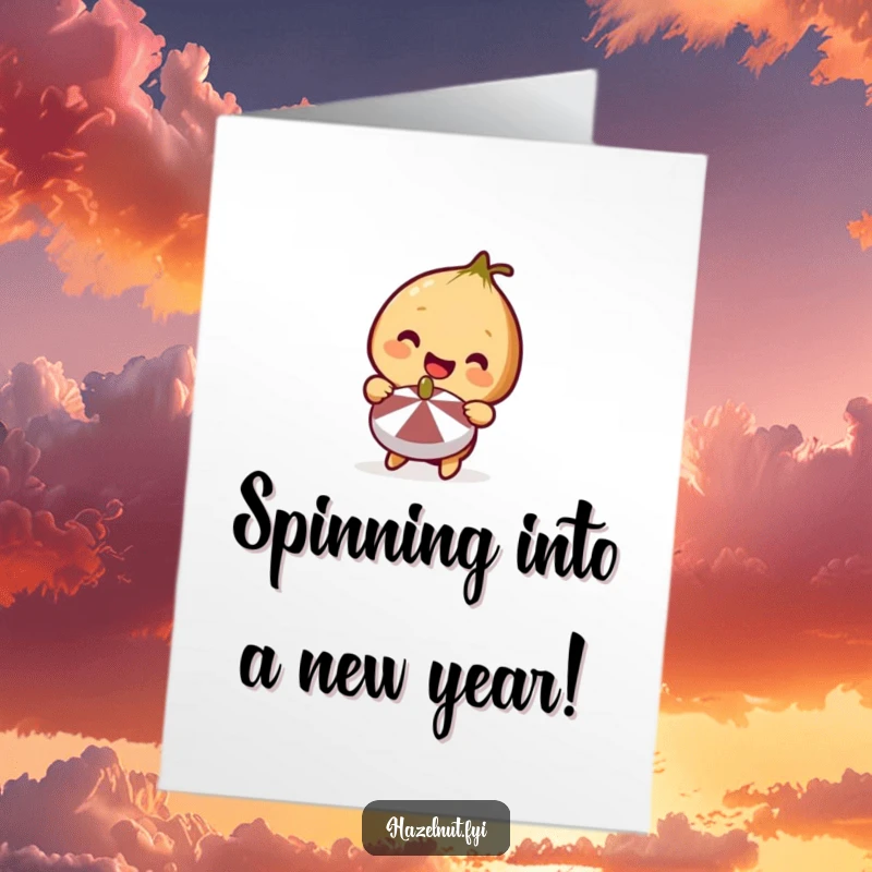 Funny Free Printable Birthday Card: A cute hazelnut holding a miniature spinning top with a big smile