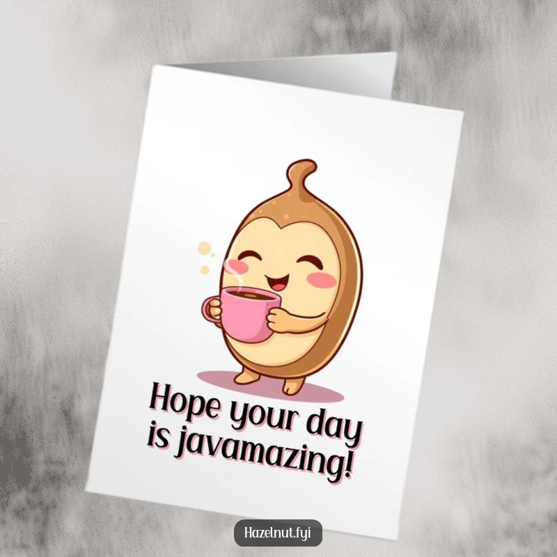 Funny Free Printable Birthday Card: A cheerful hazelnut character winks while holding a tiny, steaming coffee cup, ready for celebration.