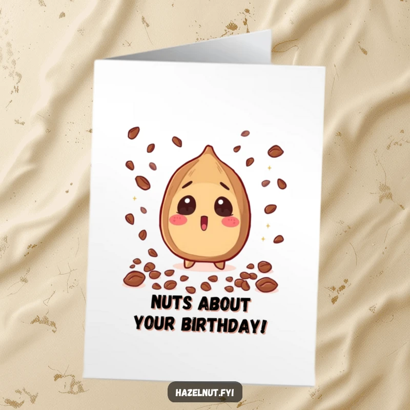 Funny Free Printable Birthday Card: Surprised hazelnut with wide eyes as cacao nibs shower down on it.