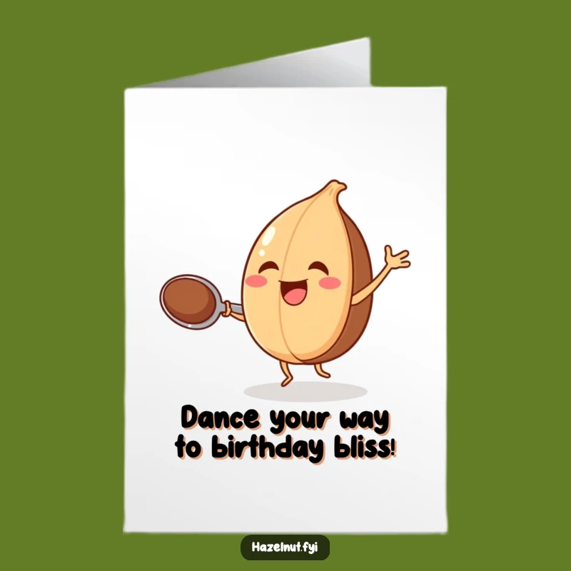 Funny Free Printable Birthday Card: Happy Hazelnut Dancing w/ Spoon, Downloadable Joyful Gift