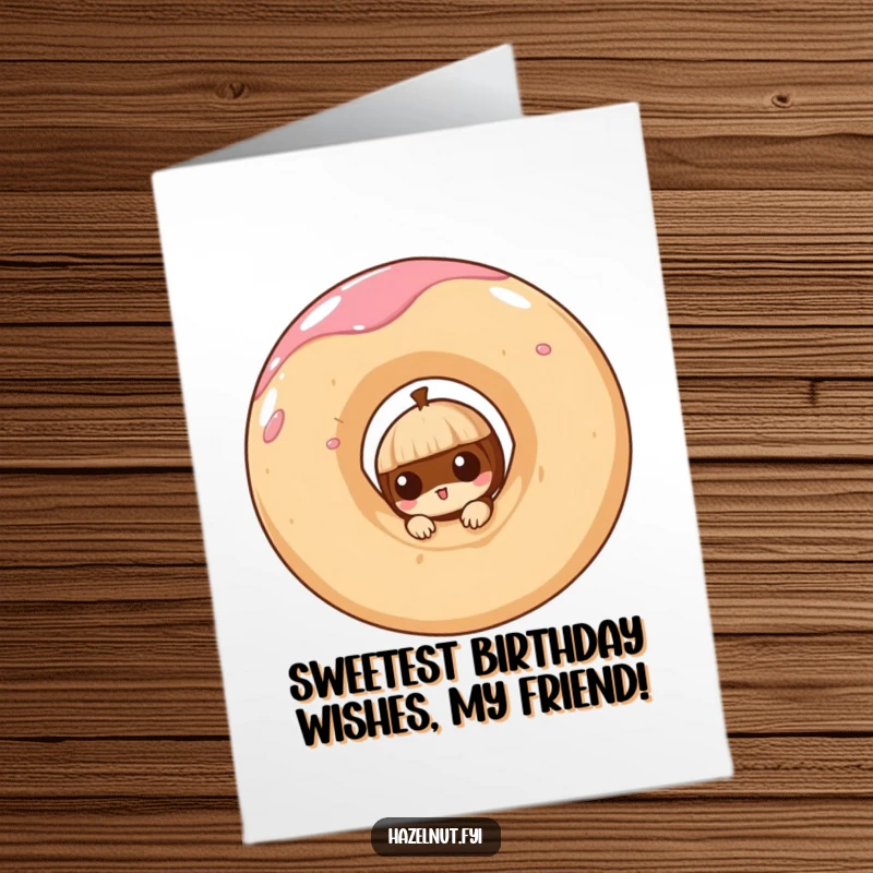 Funny Free Printable Birthday Card features a curious hazelnut peeking out from a giant, swirly doughnut, looking sweet and mischievous.
