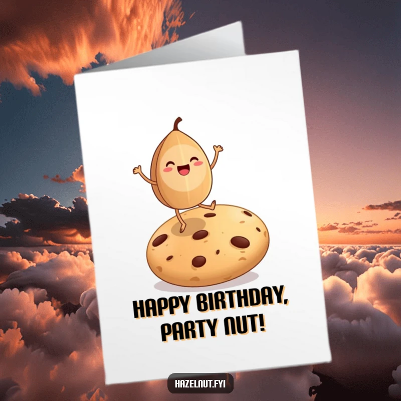 Funny Free Printable Birthday Card: An anthropomorphic hazelnut with legs joyfully dances on a giant cookie, celebrating life.