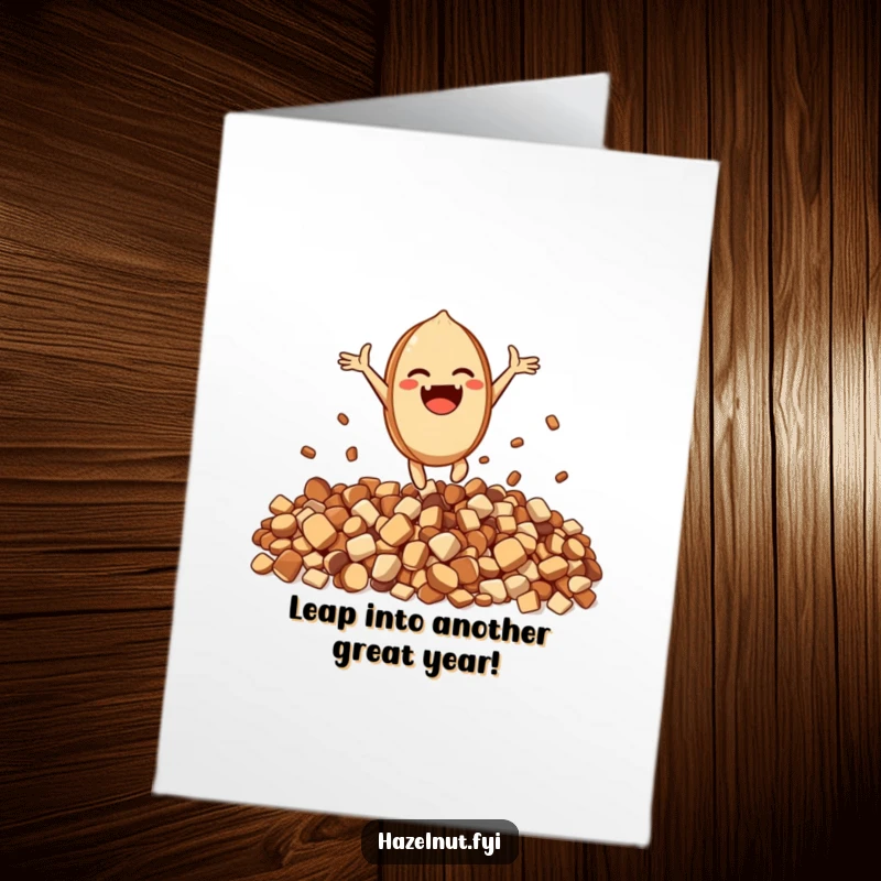 Funny Free Printable Birthday Card: An excited hazelnut character leaps with joy from a pile of crunchy bits, celebrating big.