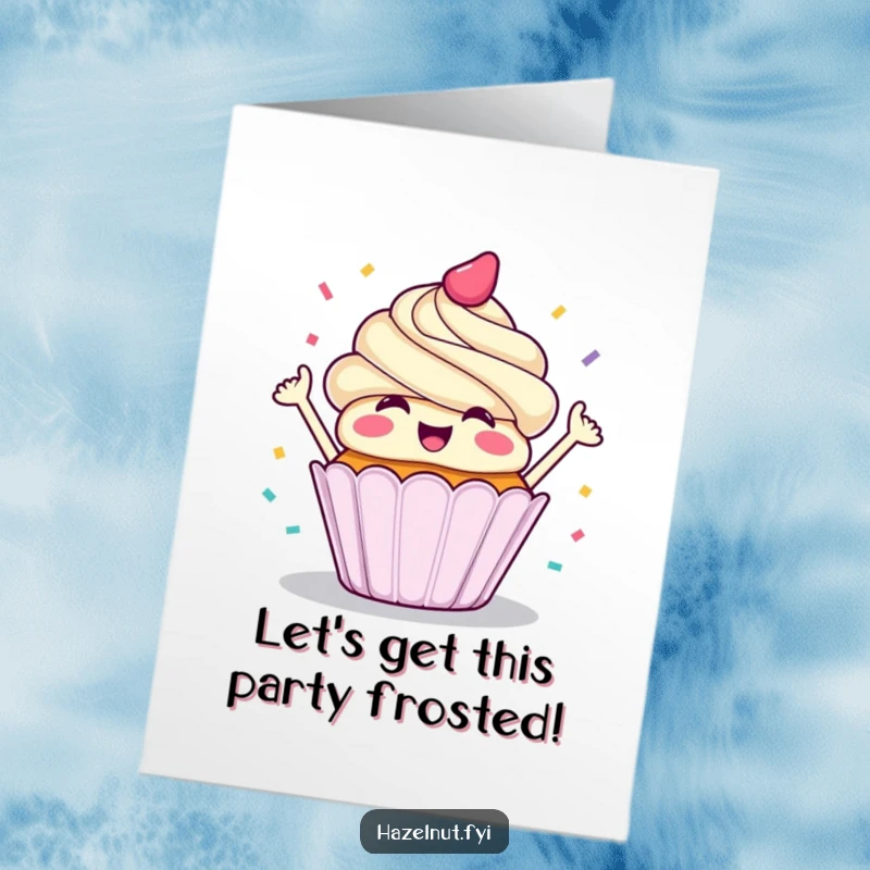 Funny Free Printable Birthday Card: A happy cupcake grinning widely while throwing colorful confetti, celebrating a birthday, print today.