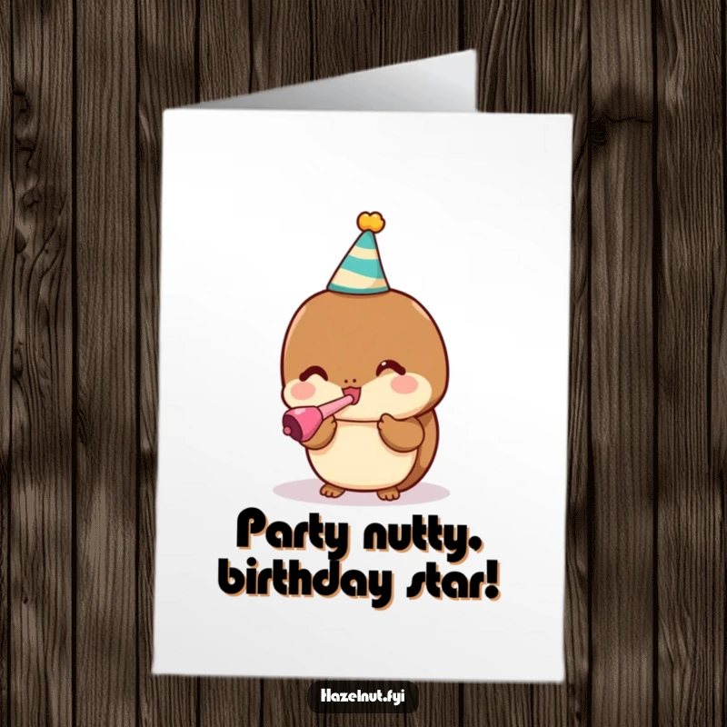 Funny Free Printable Birthday Card: Cute kawaii hazelnut wearing a tiny party hat, joyfully blowing a colorful noisemaker, making a celebratory sound.