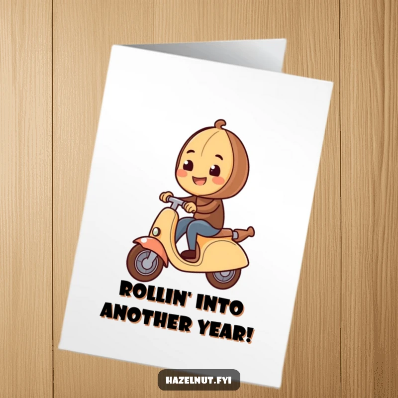 Funny Free Printable Birthday Card: Happy hazelnut zooms on a rolling pin scooter, spreading birthday cheer. A hilarious downloadable art.