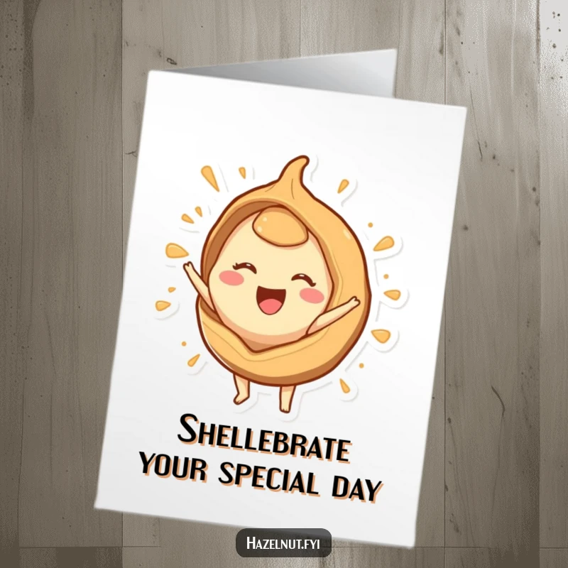 Funny Free Printable Birthday Card showing a happy hazelnut character joyfully bursting from a stylized shell, full of excitement.