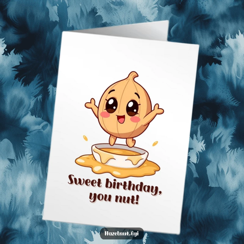 Funny free printable birthday card showing a wide-eyed hazelnut character excitedly leaping into a delicious bowl of melting caramel.