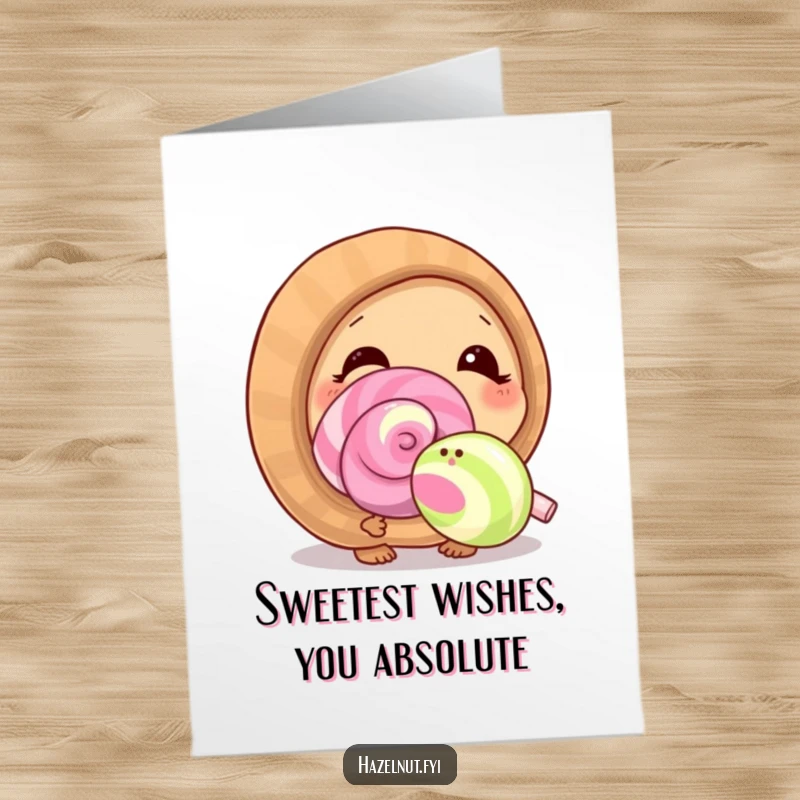 Funny Free Printable Birthday Card: A curious hazelnut inhales the sweet scent of a giant lollipop with eyes wide in delight.