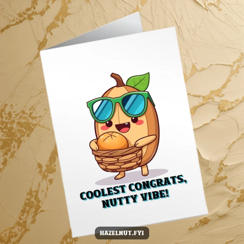 Funny Free Printable Congratulations Card: A hazelnut wearing sunglasses, offering a nutty treat from a tiny basket