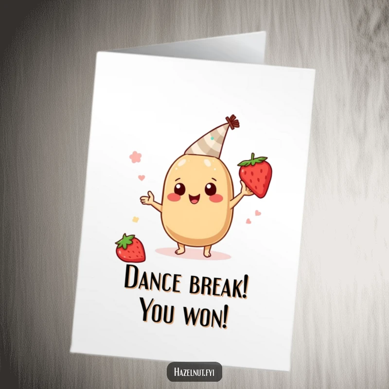 Free Printable Congrats Card: A cheerful hazelnut wearing a party hat boogies happily with a strawberry slice, celebrating an achievement.