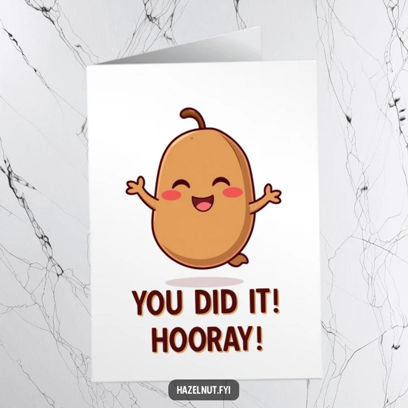 Funny Free Printable Congratulations Card: A joyful coffee bean with rosy cheeks doing a cheerful hop, celebrating success.