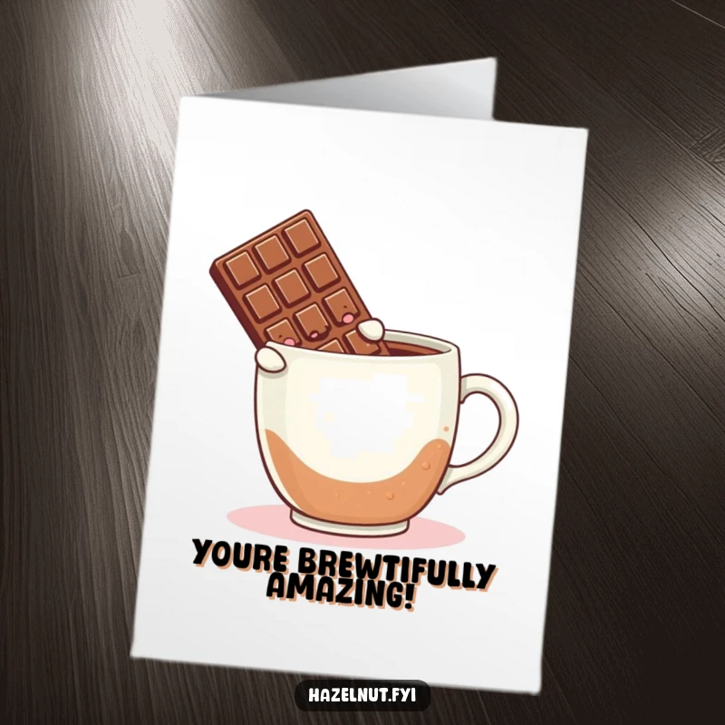 Funny Free Printable Congratulations Card featuring a blushing chocolate bar diving into a giant coffee mug, a delightful way to say congrats.