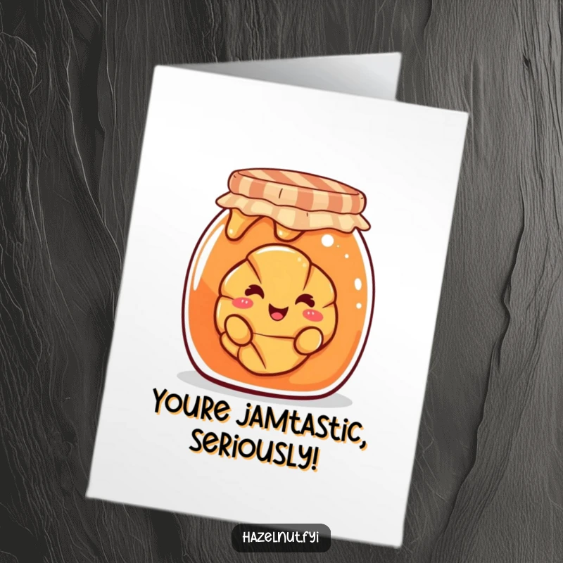 Funny Free Printable Congratulations Card featuring a smiling croissant peeking from a giant jam jar, a charming way to say congrats.