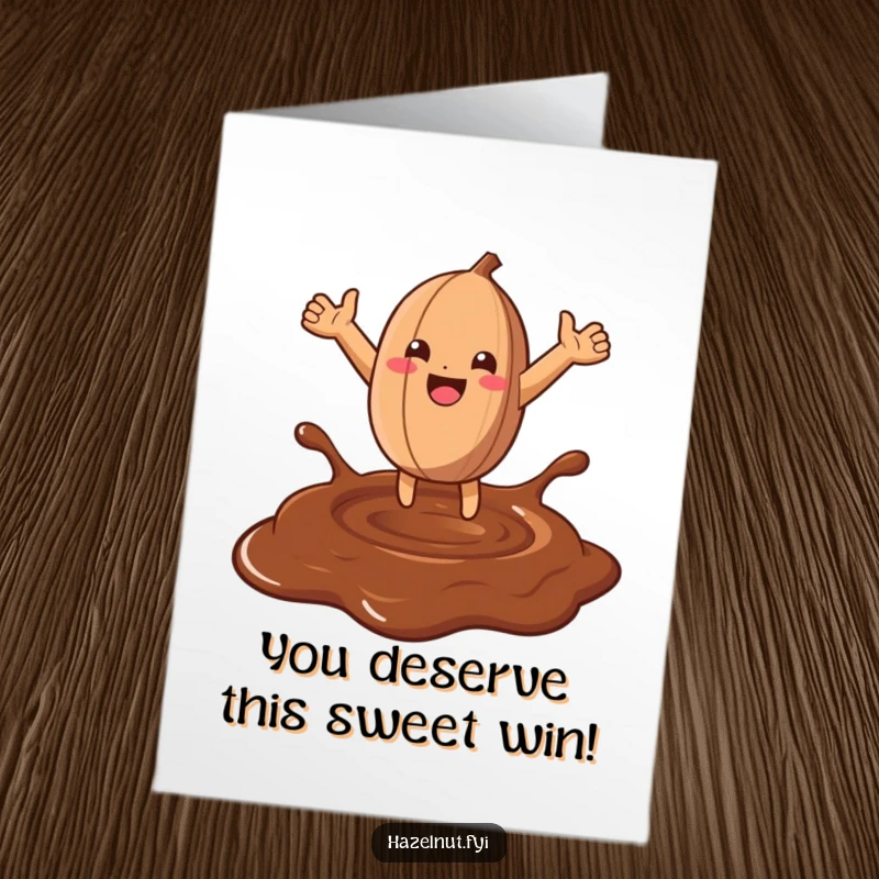 Funny Free Printable Congratulations Card: An ecstatic hazelnut leaps with open arms into a smooth pool of rich melted chocolate.
