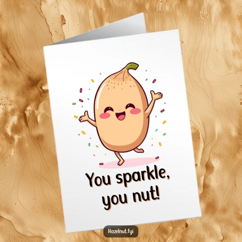 Funny Free Printable Congrats Card: Kawaii hazelnut in a jubilant dance pose, surrounded by a shower of colorful sprinkles, looking extremely pleased.