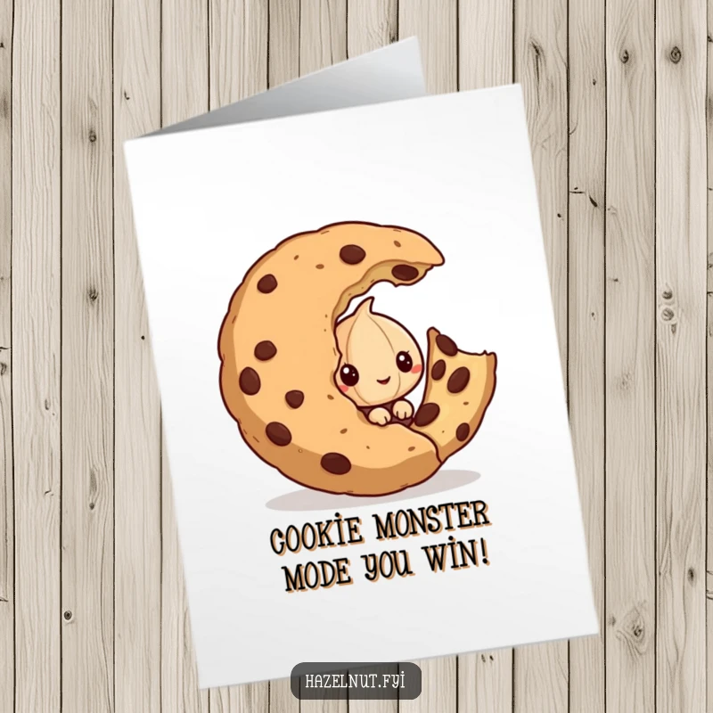 Free Printable Congratulations Card: A mischievous hazelnut peeks from behind a giant cookie, implying a sweet win.