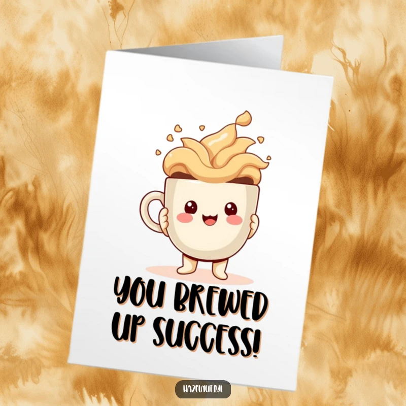 Funny Free Printable Congratulations Card: Kawaii hazelnut character radiating happiness, holding a massive coffee cup, ready to celebrate.