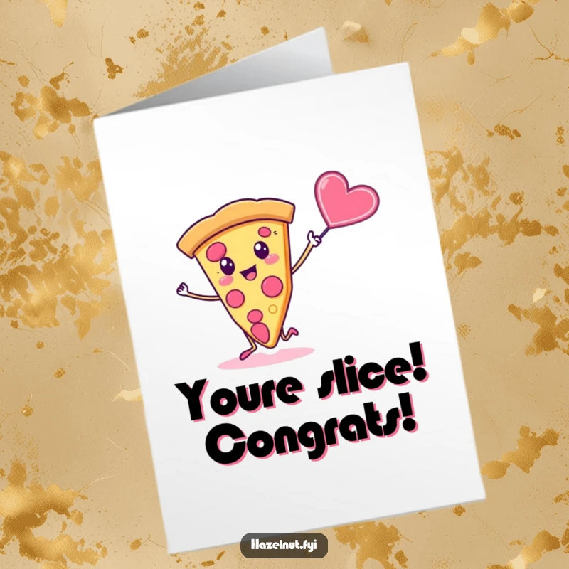 Funny Free Printable Congratulations Card with a pizza slice dancing with a candy heart, a joyful downloadable message.