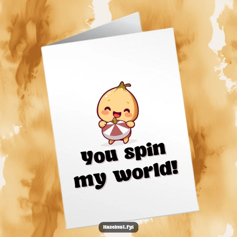 Funny Free Printable Congratulations Card: A cute hazelnut holding a miniature spinning top with a big smile