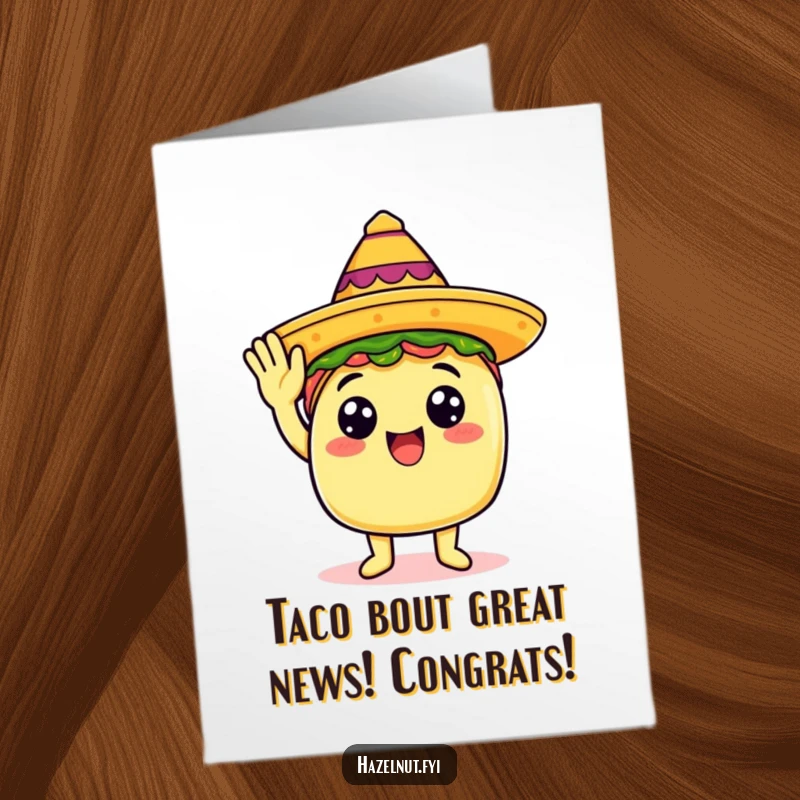 Funny Free Printable Congratulations Card with a happy taco saluting in a sombrero, a festive downloadable cheer.