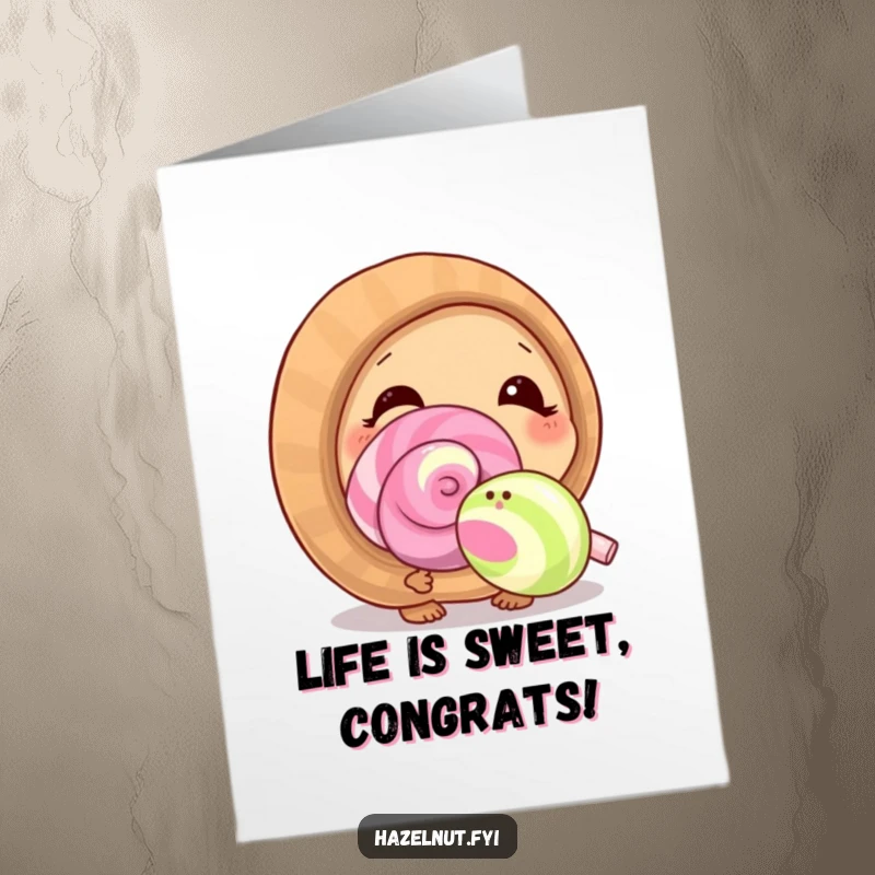 Funny Free Printable Congratulations Card: A curious hazelnut eagerly sniffs a giant lollipop, symbolizing a wonderfully sweet success achieved.
