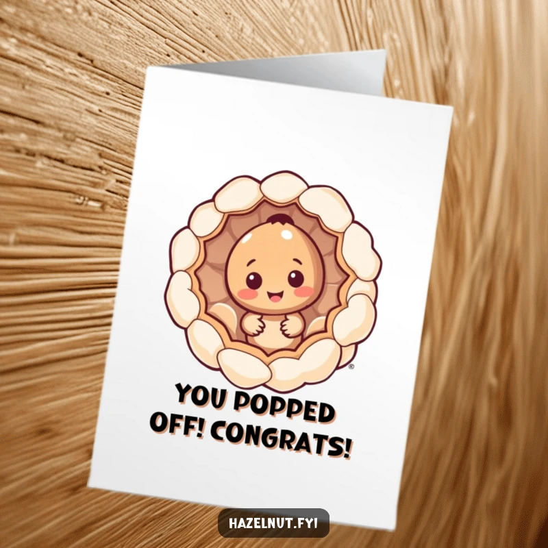 Free Printable Congrats Card: A charming hazelnut character emerges from a giant, hollowed-out popcorn kernel, celebrating success.