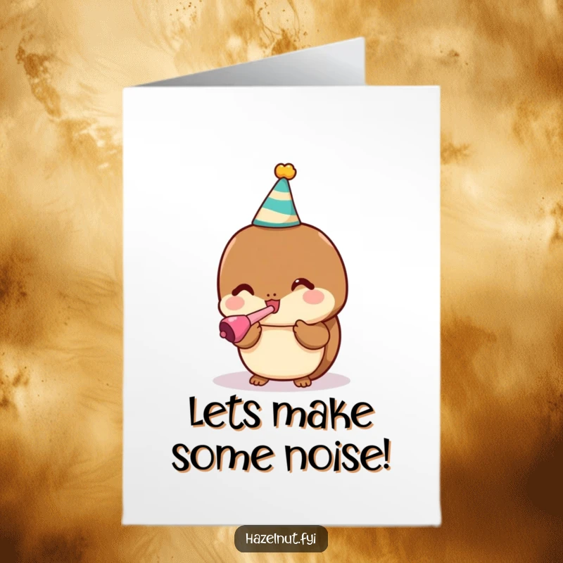 Funny Free Printable Congrats Card: Kawaii hazelnut in a party hat blasts a noisemaker, cheering enthusiastically for a big accomplishment.