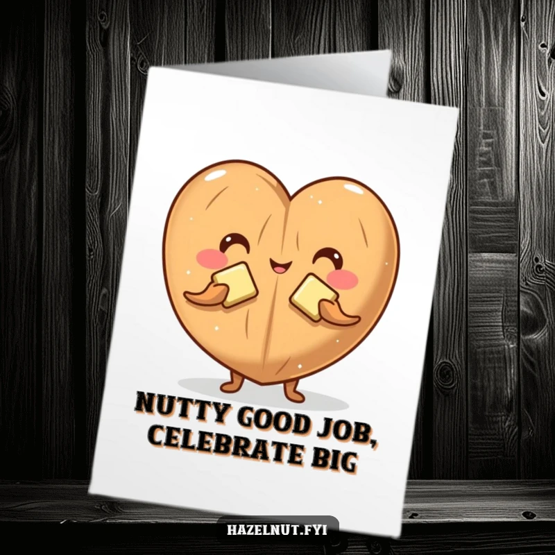 Funny Free Printable Congrats Card: A cute hazelnut character joyfully forms a heart with butter pats, celebrating big moments.